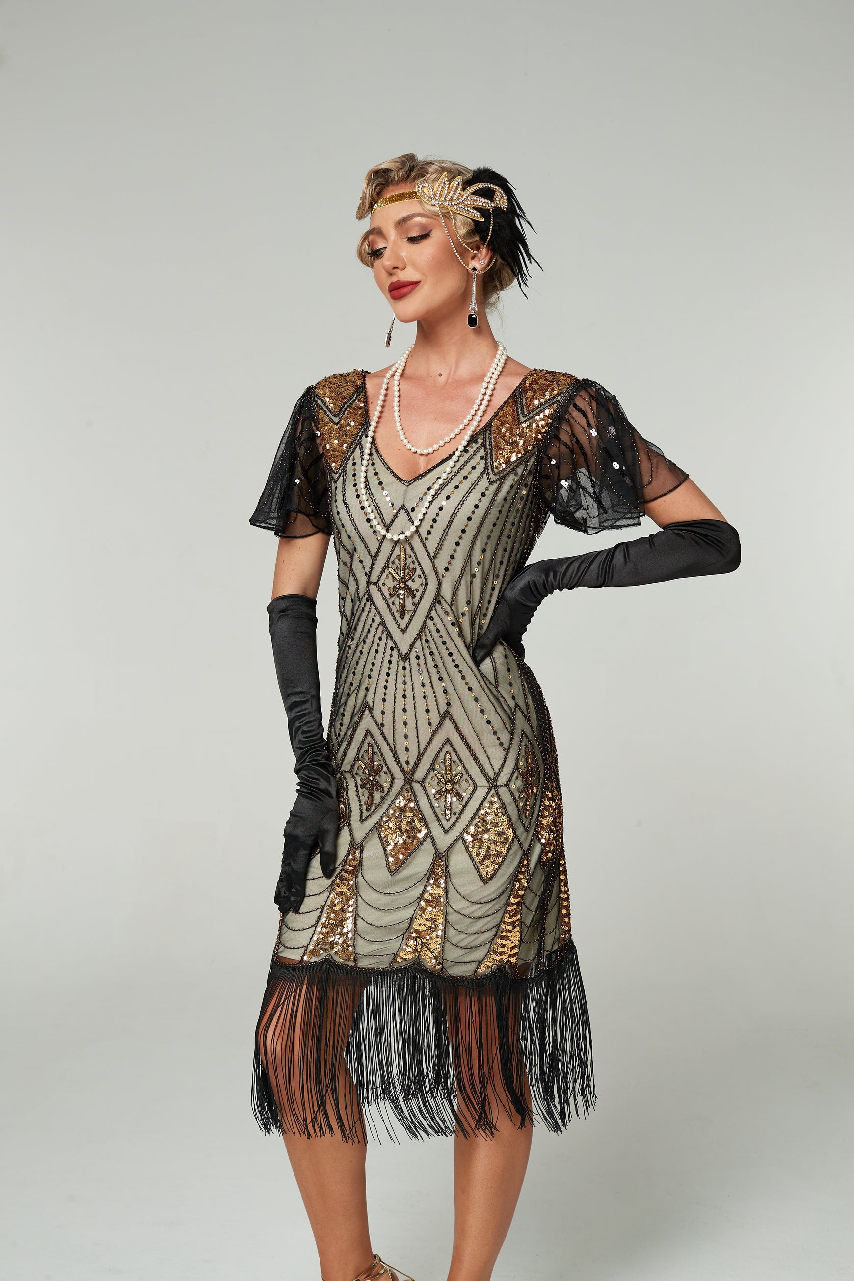 V Neck Sequined Beaded Tassels 1920S Gatsby Dress