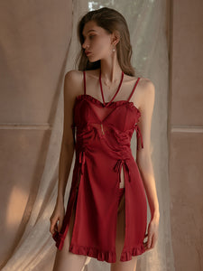 Women Chemise Blue Spaghetti Strap Backless Lace Lingerie