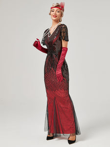 Wine Red 1920S Sequined Fringe Flapper Maxi Dress