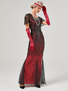 Wine Red 1920S Sequined Fringe Flapper Maxi Dress