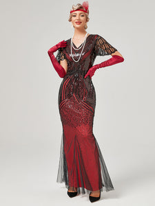 Wine Red 1920S Sequined Fringe Flapper Maxi Dress