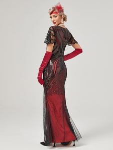 Wine Red 1920S Sequined Fringe Flapper Maxi Dress