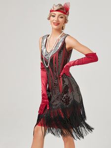 Deep V Neck Sequined Beaded Tassels 1920S Gatsby Dress
