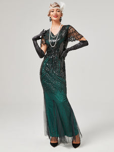 Wine Red 1920S Sequined Fringe Flapper Maxi Dress