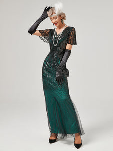 Wine Red 1920S Sequined Fringe Flapper Maxi Dress