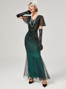 Wine Red 1920S Sequined Fringe Flapper Maxi Dress
