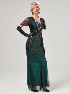 Wine Red 1920S Sequined Fringe Flapper Maxi Dress