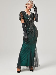Wine Red 1920S Sequined Fringe Flapper Maxi Dress