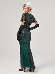 Wine Red 1920S Sequined Fringe Flapper Maxi Dress
