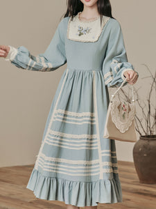 Edwardian Style Lace Blue Long Sleeve Vintage Dress