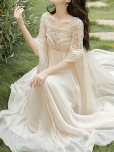 White Lace Lantern Sleeves Romantic Wedding Dress with Tail Inspired By Sleeping Beauty