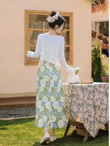 3PS White Spaghetti Strap 1950S Top and Green Lace Skirt Set With Long Sleeve Cardigan