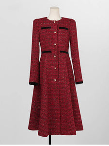 Red and Black Crew Neck Tweed 1950s Swing Dress Coat