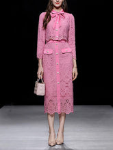 Load image into Gallery viewer, 2PS Pink Peter Pan Collar Lace Long Sleeve Top With Pearl Buttons Wrap Skirt Set