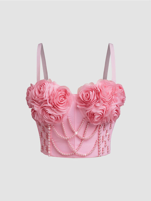 Vintage Strappy Camisole Top with Rose Decoration