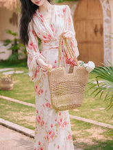Load image into Gallery viewer, 1970S Pink V Neck Floral Print Long Sleeve Fishtail Maxi Dress