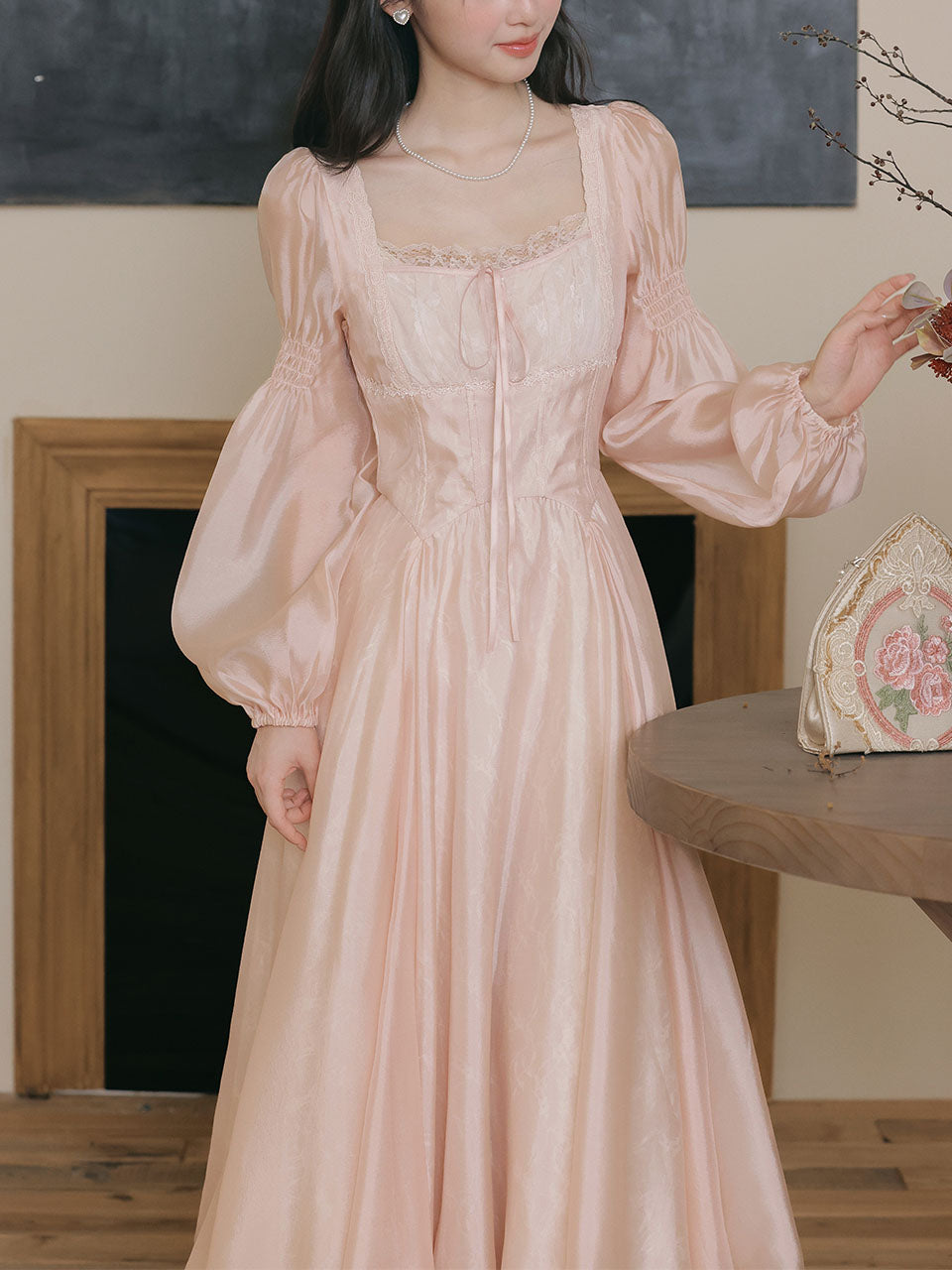 Pink Square Neck Long Puff Sleeves Romantic Cottagecore Vintage Dress Pink / M Pink Square Neck Long Puff Sleeves Romantic Cottagecore Vintage Dress Pink / M