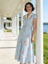 Load image into Gallery viewer, Mrs. Maisel Inspired 1950s Blue Floral Print Swing Dress for Women with Lapel Collar
