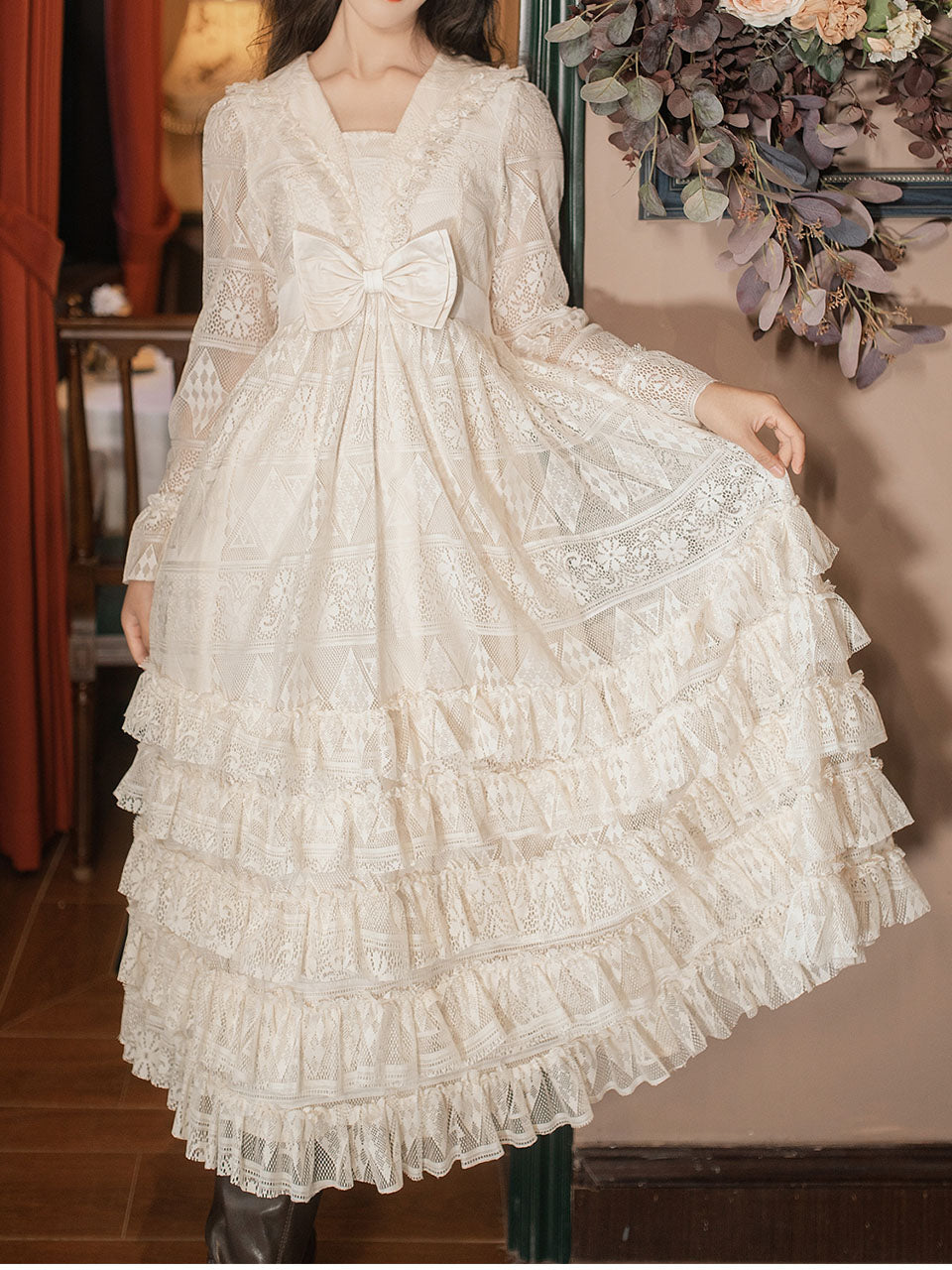 Apricot Square Collar Lace Swing Dress With Long Sleeve, White / S Apricot Square Collar Lace Swing Dress With Long Sleeve, White / S