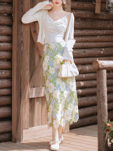 3PS White Spaghetti Strap 1950S Top and Green Lace Skirt Set With Long Sleeve Cardigan