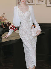 Load image into Gallery viewer, 2PS White Lace Spaghetti Strap 1950S Vintage Dress With Long Sleeve Cardigan