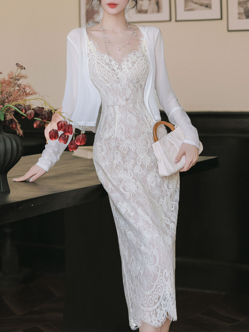 white lace dress with cardigan White Lace Long Beach Cardigan
