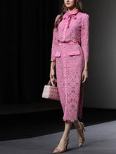 Load image into Gallery viewer, 2PS Pink Peter Pan Collar Lace Long Sleeve Top With Pearl Buttons Wrap Skirt Set