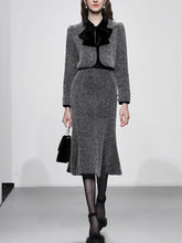 Load image into Gallery viewer, 2PS Grey Bow Tweed Fabric Women&#39;s Top And Fishtail Skirt Suit