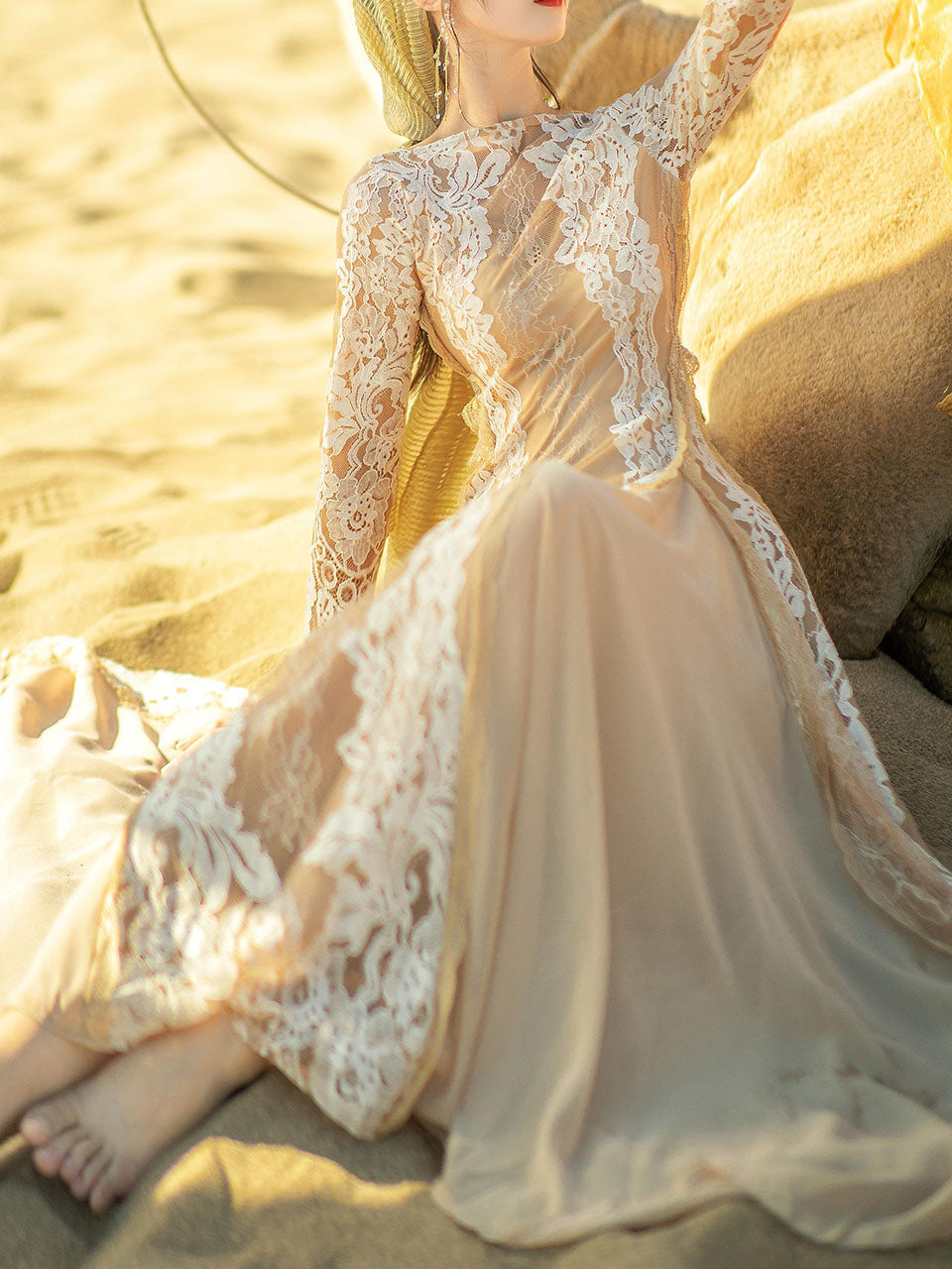 Apricot Boat Neck Lace Swing Dress With Backless Jolly Vintage Apricot Boat Neck Lace Swing Dress With Backless Jolly Vintage