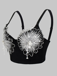 Victorian-Inspired Lace-Up Bustier with Floral Embroidery & Crystal Rhinestones Black Corset Top
