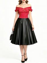 Load image into Gallery viewer, Women's 1950s Vintage Off Shoulder Polka Dot Swing Dress | Black and White Midi