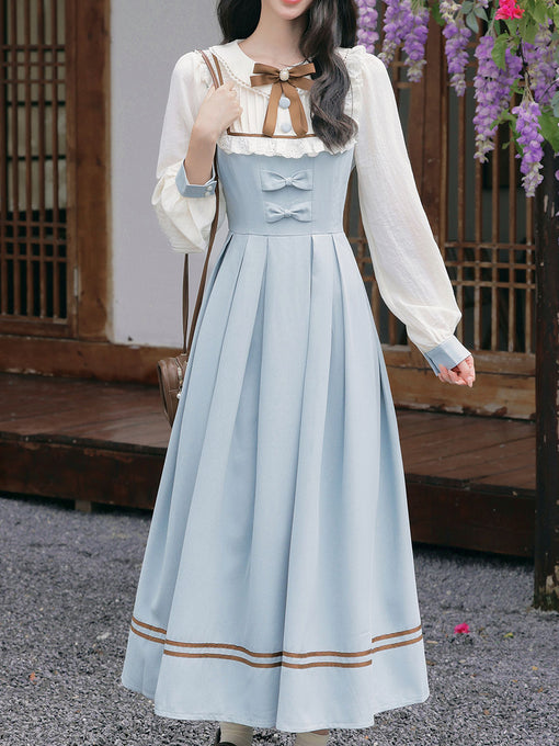Victorian Style Blue and Apricot Color Block False Two-Piece Vintage Dress