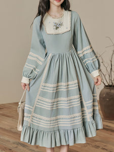 Edwardian Style Lace Blue Long Sleeve Vintage Dress