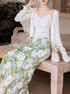 3PS White Spaghetti Strap 1950S Top and Green Lace Skirt Set With Long Sleeve Cardigan