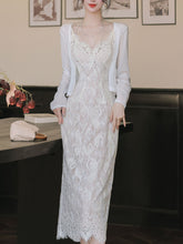 Load image into Gallery viewer, 2PS White Lace Spaghetti Strap 1950S Vintage Dress With Long Sleeve Cardigan