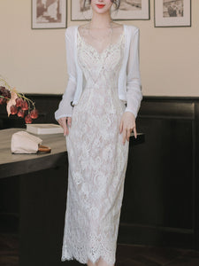 2PS White Lace Spaghetti Strap 1950S Vintage Dress With Long Sleeve Cardigan