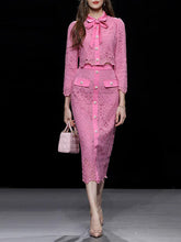 Load image into Gallery viewer, 2PS Pink Peter Pan Collar Lace Long Sleeve Top With Pearl Buttons Wrap Skirt Set