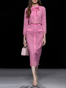 2PS Pink Peter Pan Collar Lace Long Sleeve Top With Pearl Buttons Wrap Skirt Set