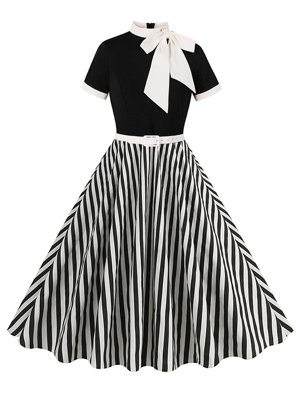 Zapaka Women A Line 1950s Swing Dress with Short Sleeves Black Pinstripe Vintage Dress, Black / S
