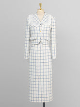 Load image into Gallery viewer, 2PS Blue and White Plaid Tweed Fabric Women&#39;s Top And Wrap Skirt Suit
