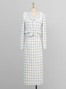 2PS Blue and White Plaid Tweed Fabric Women's Top And Wrap Skirt Suit