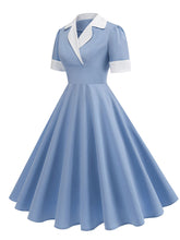 Load image into Gallery viewer, Blue V Neck Short Sleeve Swing Vintage 1950S Dress