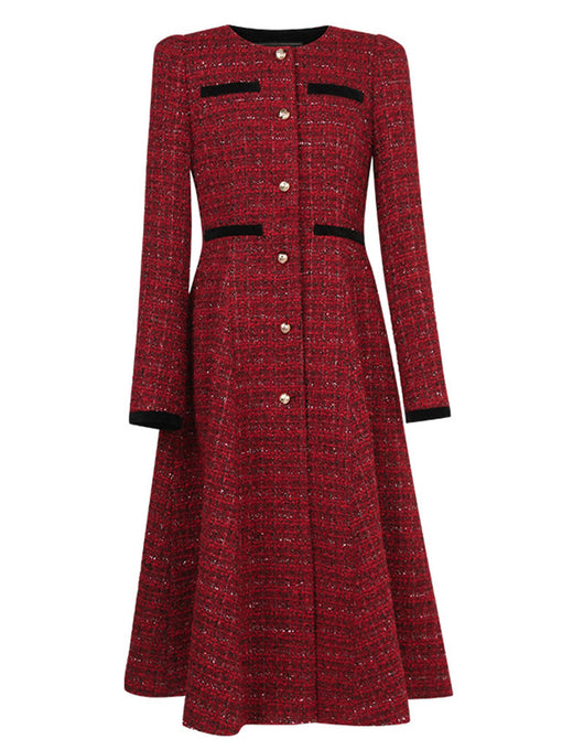 Red and Black Crew Neck Tweed 1950s Swing Dress Coat
