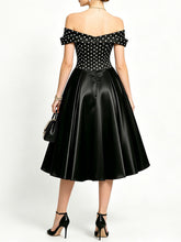 Load image into Gallery viewer, Women's 1950s Vintage Off Shoulder Polka Dot Swing Dress | Black and White Midi