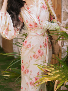 1970S Pink V Neck Floral Print Long Sleeve Fishtail Maxi Dress
