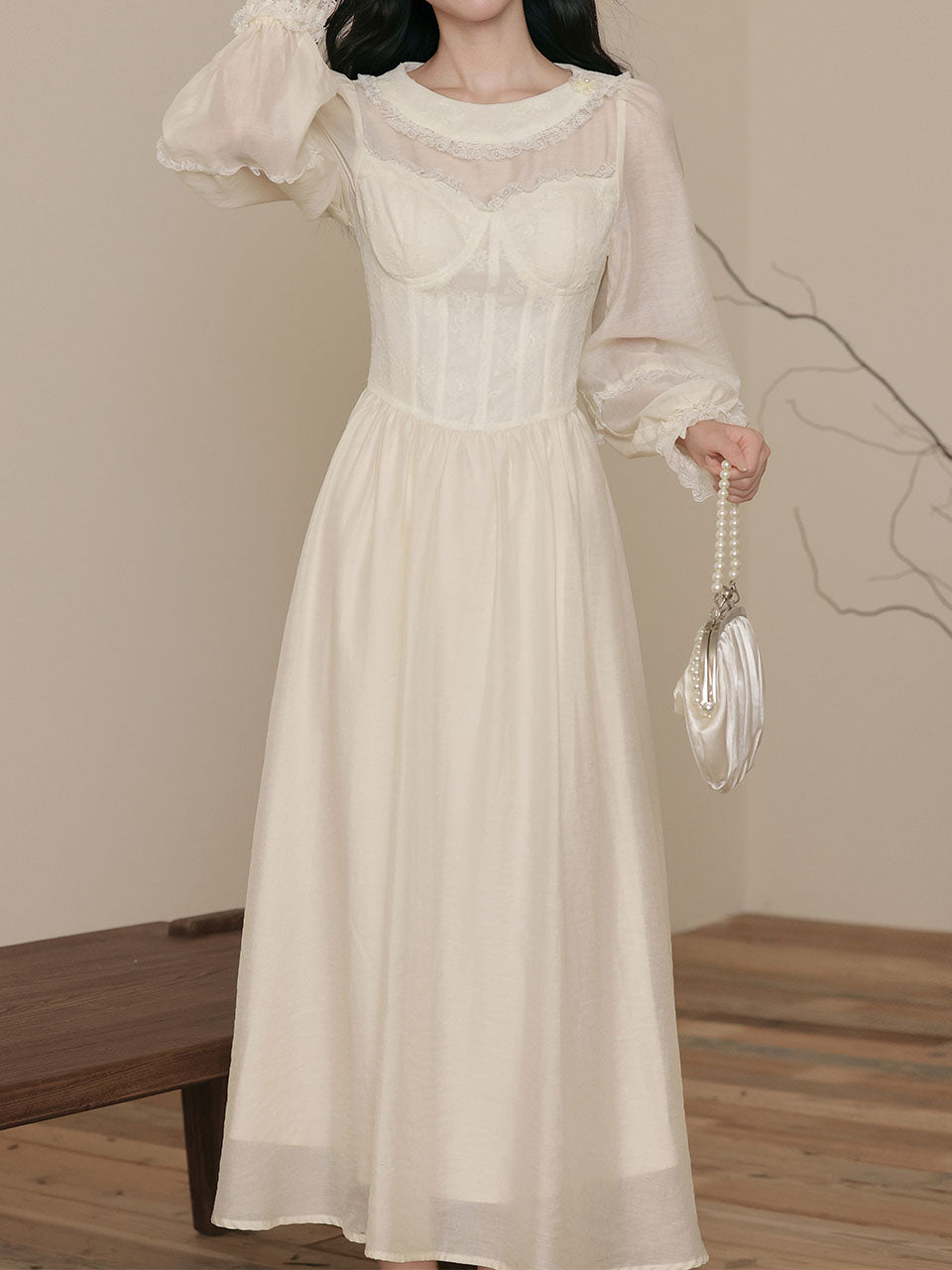 Peter Pan Collar Victorian Inspired Bustier White Lace Dress, White / XS