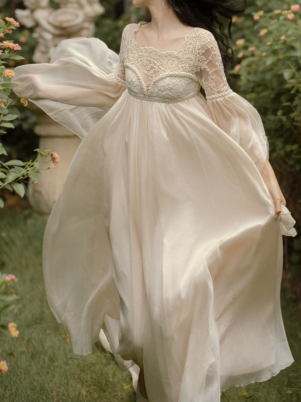 White Lace Lantern Sleeves Romantic Wedding Dress with Tail Inspired by Sleeping Beauty, White / S