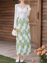 Load image into Gallery viewer, 3PS White Spaghetti Strap 1950S Top and Green Lace Skirt Set With Long Sleeve Cardigan