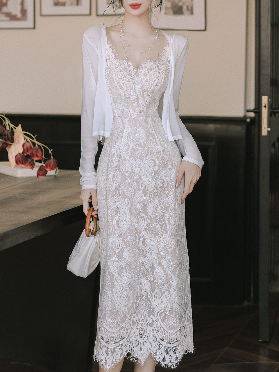 2PS White Lace Spaghetti Strap 1950s Vintage Dress with Long Sleeve Cardigan, White / L 2PS White Lace Spaghetti Strap 1950s Vintage Dress with Long Sleeve Cardigan, White / L