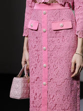 Load image into Gallery viewer, 2PS Pink Peter Pan Collar Lace Long Sleeve Top With Pearl Buttons Wrap Skirt Set